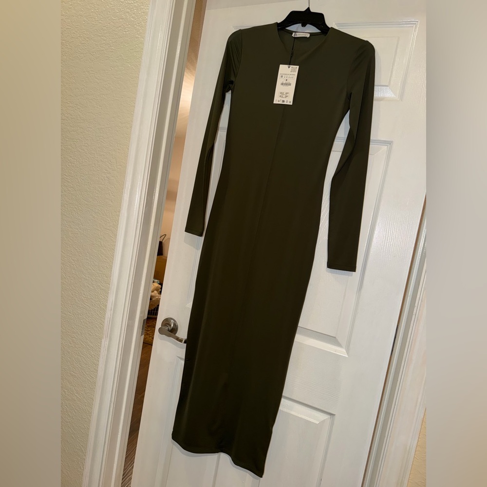 Zara Elegant Olive Green Long Sleeve Dress